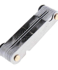 Thread pitch gauge in angled side view; stacked metal blades for metric, imperial, SAE Whitworth threads