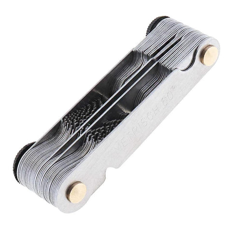 Thread pitch gauge in angled side view; stacked metal blades for metric, imperial, SAE Whitworth threads