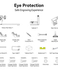 Diagram of engraving tool components including rotary body, tailstock, riser, jaws, and adjustment knobs under 'Eye Protection' text.
