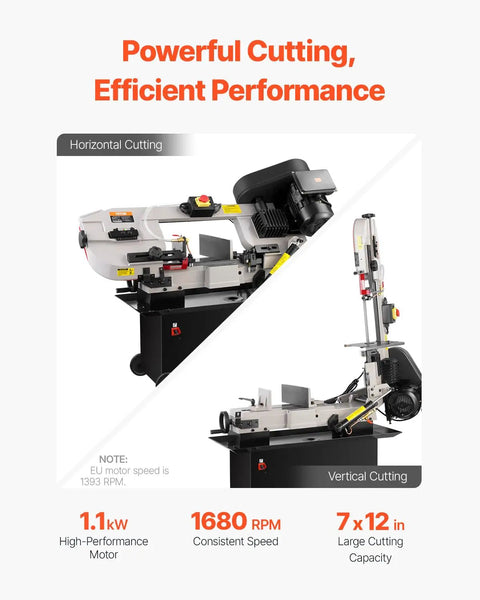 Metal Horizontal Band Saw With 7 By 12 Inch Rectangular Cutting Capacity, Dual 110V To 220V Power, 1.1 kW Motor