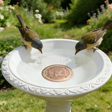 Two birds at bird bath with Nearly Ninety Nine Point Nine Percent Pure Copper Purification Disk For Outdoor Bird Baths visible