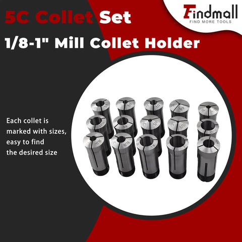 15Pcs 5C Collet Set From One Eighth Inch To One Inch For CNC Milling And Engraving Machines displayed with clear size markings