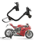 Sport Motorcycle Rear Stand With 360 Degree Rotating Lift displayed with red motorcycle, featuring double arm and triangular frame.
