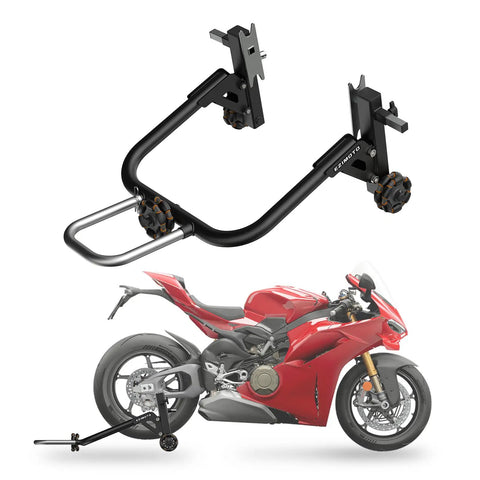 Sport Motorcycle Rear Stand With 360 Degree Rotating Lift displayed with red motorcycle, featuring double arm and triangular frame.