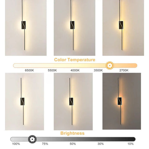 JGSYD Dimmable Led Wall Light with Remote Control Long Strip Modern Simple Aluminum Indoor Wall Sconce, showing brightness and color temperature.