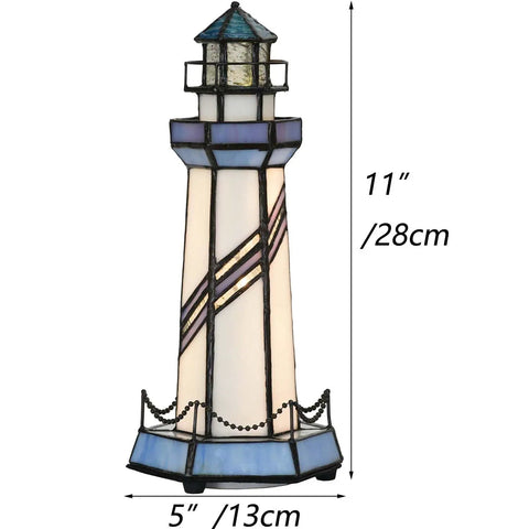 Blue Lighthouse Tiffany Style Stained Glass Table Lamp 5x5x11 Inch Accent Night Light showcasing 2700K LED design