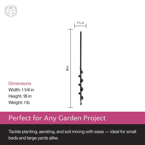 18 Inch Auger Drill Bit for Bulbs and Roots, Heavy Duty Garden Attachment, shown with dimensions of 18-inch length and 1-1/4 inch diameter