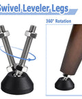 Six Pack M8 Furniture Levelers with Swivel Nylon Anti Slip Bases shown with adjustable height and 360° rotation for leveling.