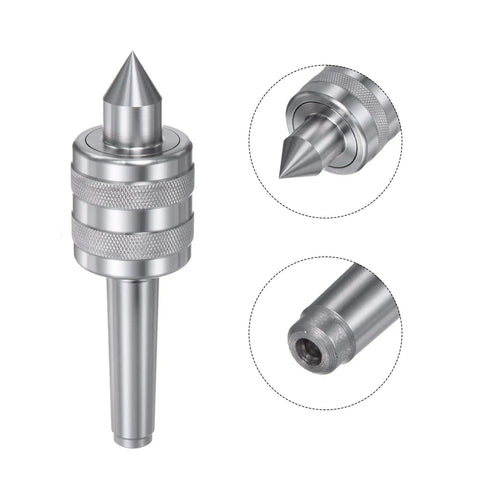 MT2 Live Center for CNC Lathe in silver, Morse Taper Precision Medium Duty Rotary Knurling Live Center, shown from multiple angles