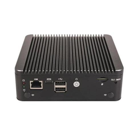Top Shelf Micro Firewall Appliance Mini Pc With Pentium Gold 6405u Processor And Four 2.5Gbe Lan Ports showing ports and power button.