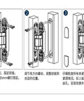 Diagram of Invisible Door Hinge 1 Piece Hidden Three Dimensional Adjustable Cross Wood Door Hinge installation steps.