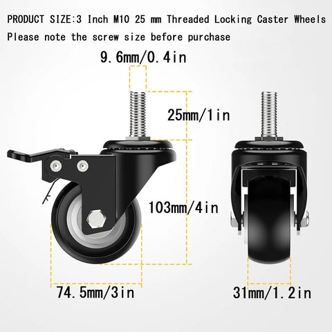 Heavy Duty Silent Polyurethane Swivel Caster Wheels With Threaded Stem And Dual Locking Brakes, 3 inch size with M10 thread.