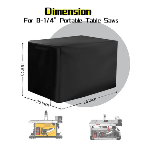 Sweet Boss Level Heavy Duty Table Saw Cover Built For 26 Inch Portable Miter Saws, black fabric, dimensions shown.