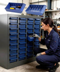 Industrial Nut And Bolt Organizer Parts Cabinet With 200 Dividers And 80 Label Slots ABS Drawers in workshop setting