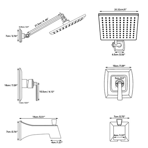 Dimensions of Oil Rubbed Bronze Bath Faucet Set With High Pressure 8-Inch Square Rain Shower Head, 9.6-Inch Shower Arm, Tub Faucet With Diverter