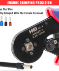 Close-up of Pro Grade Ferrule Crimping Tool Kit With Square Crimpers for AWG 23 to 7 wire ends and end sleeves terminals