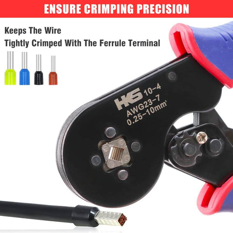 Close-up of Pro Grade Ferrule Crimping Tool Kit With Square Crimpers for AWG 23 to 7 wire ends and end sleeves terminals