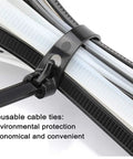 Releasable Reusable 12 Inch Heavy Duty Zip Ties Black Nylon Cable Ties 100 Pack With 50 Lb Tensile Strength used on cables