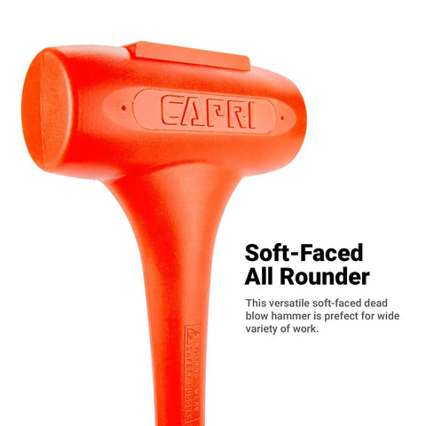 Close-up of orange polyurethane head of Heavy Duty 12 Pound Dead Blow Hammer With Orange Polyurethane Head Round Ergonomic Grip 36 And A Half Inch Length Non Mar Shock Absorbing With Steel Shot Fill Reduces Recoil For Precise Non Marring Strikes On Metal And Wood.