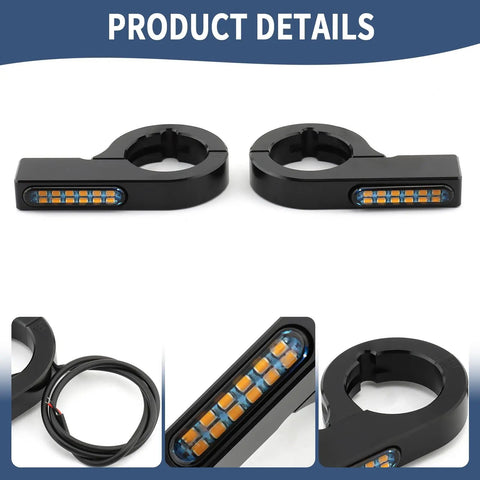 Universal 43 46mm Front Fork LED Turn Signals for Motorcycles 12V Amber Indicator Lights with Clamps Easy Install shown in package