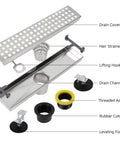 Exploded view of 12 Inch Linear Shower Drain Kit With 2 In 1 Reversible Tile Insert Grate And Hair Catcher, stainless steel components.