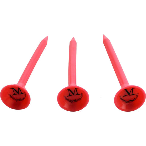 Durable Plastic Golf Tees Three And A Quarter Inch Pink 5 Pack Reusable Virtually Unbreakable For Longer Straighter Drives A Tough Polymer Tee System For Golfers Who Want Tees That Last, showing three pink tees with brand logo.