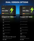 Two compact 24V 100Ah LiFePO4 batteries with built-in 100A BMS, low temp protection, and dual version options displayed.