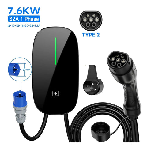 Slick Type Two Electric Vehicle Wall Charger Providing 7.6 To 22 Kilowatts Fast Juice Up Capability With Compact Build for home use.