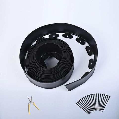2 Inch Garden Edging Kit, 40 Ft Black Landscape Border With 80 Spikes And 1 Pruning Shears shown unrolled on white background