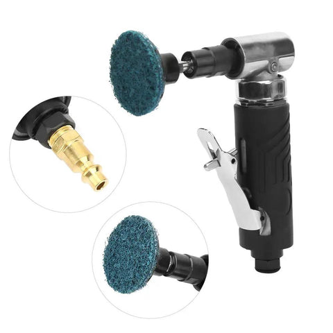 Badass 90 Degree Pneumatic Angle Grinder With Slick Ergonomic Comfort Grip And Tight 20000 RPM Air Die Tool head with abrasive disc for precision work.