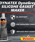 Image of Dynatex DynaGrey silicone gasket maker tube showing product features like oil resistance and low odor non-corrosive formula