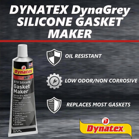 Image of Dynatex DynaGrey silicone gasket maker tube showing product features like oil resistance and low odor non-corrosive formula
