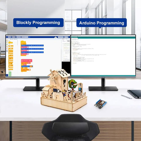 ESP32 IoT Smart Farm Kit for Arduino Scratch App Controlled STEM Coding Kit with Sensor Pack Hands On Wood House Building Toy Educational STEM Kit for Kids 12 Plus Learn Smart Agriculture and Home Automation, wood farm kit on desk