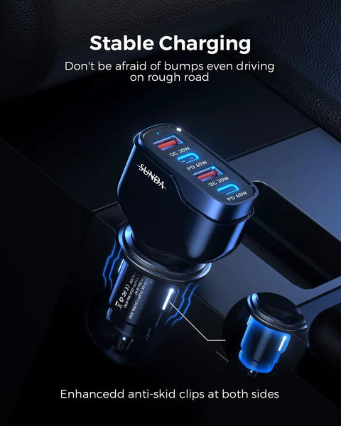 Blazing 120W USB C Car Charger With Four Ports And PD 3.0 Quick Charge For iPhones Samsung Phones iPad Laptops And Dash Cams, highlighting stable charging with anti-skid design.