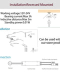 Installation diagram for Motion Sensor Light Switch For Closet Lights Proximity LED Automatic Switch For Under Cabinets Counters And Wardrobes 12V To 24V DC Compatibility With 12V JST Adapters Included showing recessed mounting and connection details.