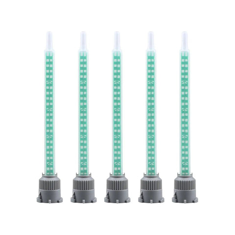 Heavy Duty CNC Eccentric Clamps For Epoxy Glue Nozzles Super Strong Cam Lock Mixing Tools arranged in a row, gray base with clear central tube.