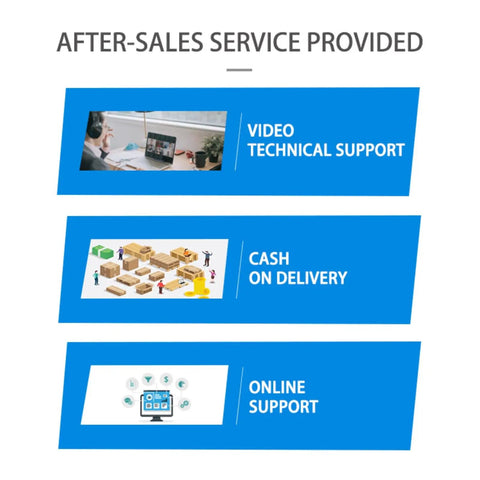 After-sales service provided including video technical support, cash on delivery, and online support options.