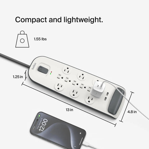 12 Outlet Surge Protector Power Strip With USB Ports, 6 Ft Flat Plug Extension Cord, 3996 Joules Protection, white