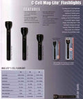 C-Cell Mag-Lite flashlights displayed with specifications, highlighting features and various sizes in black.