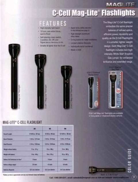 C-Cell Mag-Lite flashlights displayed with specifications, highlighting features and various sizes in black.