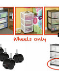 Four black 1.5in caster wheels with stems for Sterilite 3-drawer carts; NUMBERNYC replacement casters