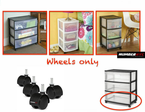 Four black 1.5in caster wheels with stems for Sterilite 3-drawer carts; NUMBERNYC replacement casters