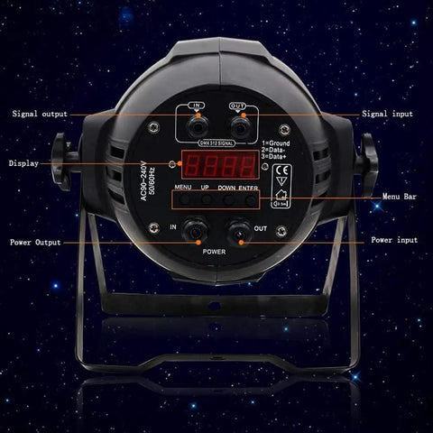 Heavy Duty 200W LED Flood Light Featuring Smooth Adjustable 25 Degree Beam Angle For Nightlife Bars Theater Stages And Commercial Venues Crisp 5600K Cool White Aluminum Spotlight rear control panel with display and input/output connections