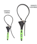 Two Piece Rubber Strap Wrench Set For Oil Filters, Pipes, Faucets, And Jar Openers with adjustable green grips, capacities shown.