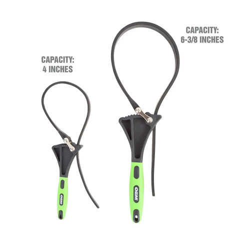 Two Piece Rubber Strap Wrench Set For Oil Filters, Pipes, Faucets, And Jar Openers with adjustable green grips, capacities shown.