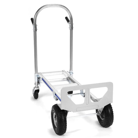Heavy Duty 2 In 1 Portable Aluminum Dolly Cart With Smart Folding Toe Plate viewed from the rear, showcasing robust wheels and frame.