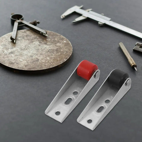 Heavy Duty Sliding Door Rollers With Anti Sag Design For Smooth Gliding Barn Door Hardware showing metal rollers with red and black wheels.