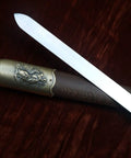Tai Chi Training Sword With Dope Stainless Steel Flexible Blade 28 Inch Blade 39 Inch Overall Hand Made Heat Tempered Longquan Style Rosewood Scabbard And Handle Ideal For Martial Arts Practice close-up of blade and scabbard