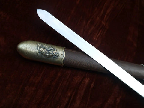 Tai Chi Training Sword With Dope Stainless Steel Flexible Blade 28 Inch Blade 39 Inch Overall Hand Made Heat Tempered Longquan Style Rosewood Scabbard And Handle Ideal For Martial Arts Practice close-up of blade and scabbard