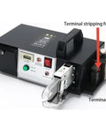 Heavy Duty Electric Terminal Crimping Machine With Auto Wire Stripping And Cutting Feature, showing controls and cutting mechanism.